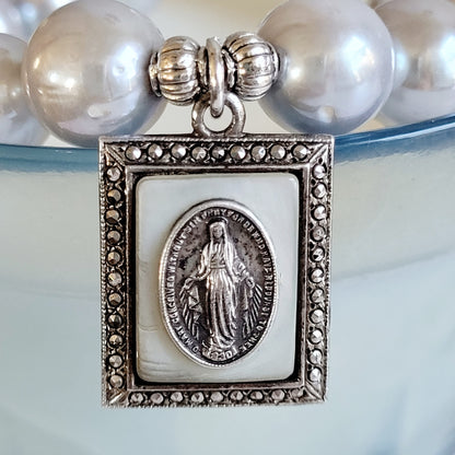 Silver Freshwater Pearl 11mm Beaded Bracelet w/ Miraculous Mary Signed Sterling Silver Layered Medal