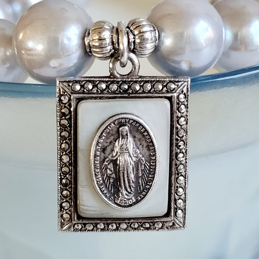 Silver Freshwater Pearl 11mm Beaded Bracelet w/ Miraculous Mary Signed Sterling Silver Layered Medal