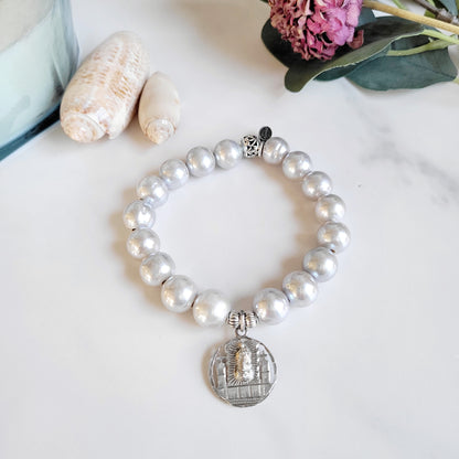 Silver Freshwater Pearl 11mm Beaded Bracelet w/ Our Lady of Guadalupe Sterling Silver Cut-Out Image
