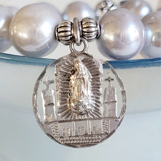 Silver Freshwater Pearl 11mm Beaded Bracelet w/ Our Lady of Guadalupe Sterling Silver Cut-Out Image