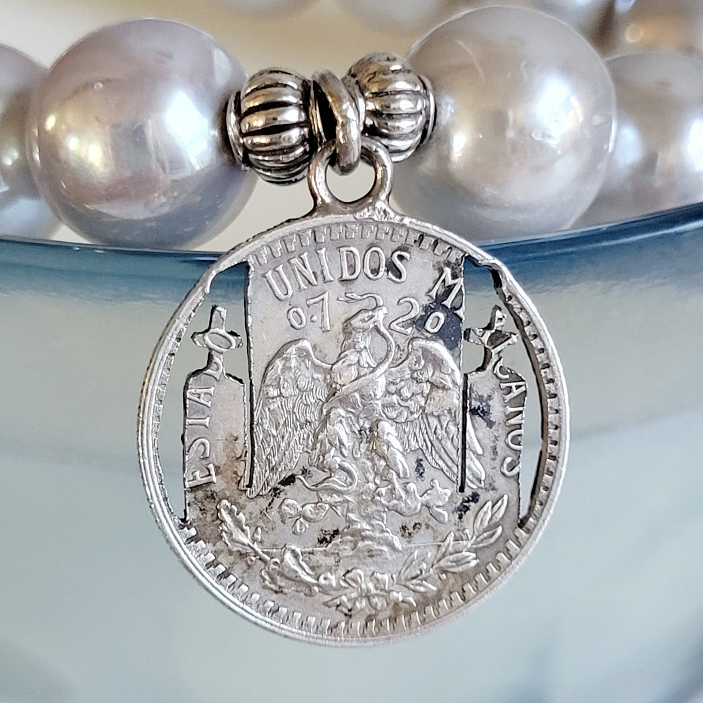 Silver Freshwater Pearl 11mm Beaded Bracelet w/ Our Lady of Guadalupe Sterling Silver Cut-Out Image