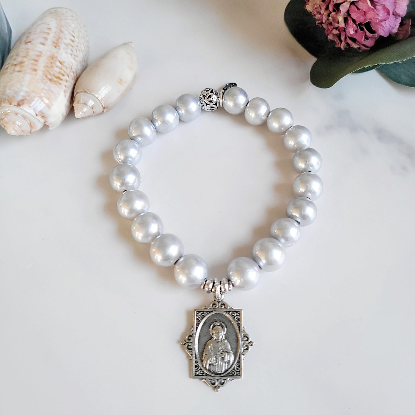 Silver Freshwater Pearl 11mm Beaded Bracelet w/ Sacred Heart of Jesus Signed Sterling Silver Art Nouveau Medal