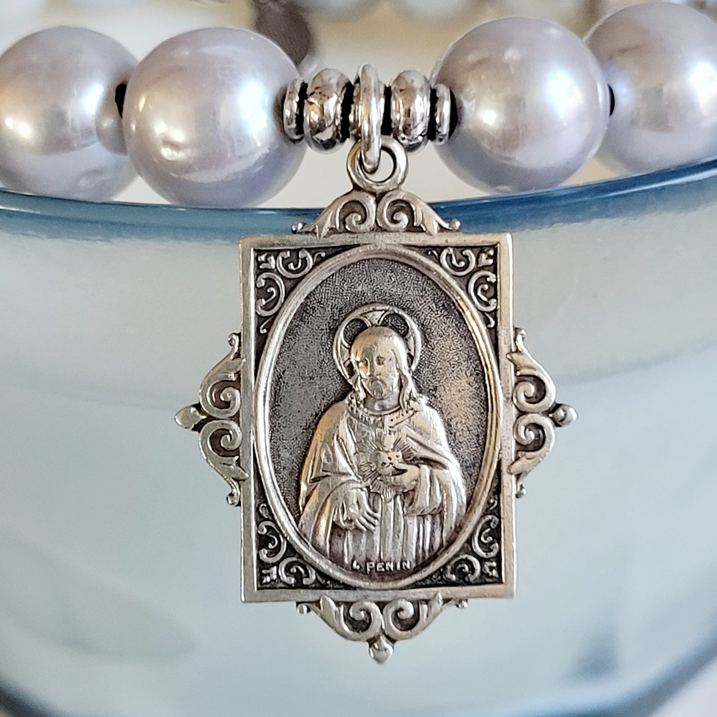 Silver Freshwater Pearl 11mm Beaded Bracelet w/ Sacred Heart of Jesus Signed Sterling Silver Art Nouveau Medal
