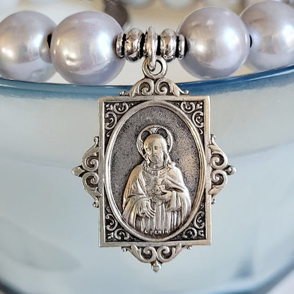 Silver Freshwater Pearl 11mm Beaded Bracelet w/ Sacred Heart of Jesus Signed Sterling Silver Art Nouveau Medal