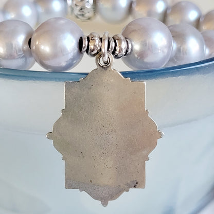 Silver Freshwater Pearl 11mm Beaded Bracelet w/ Sacred Heart of Jesus Signed Sterling Silver Art Nouveau Medal