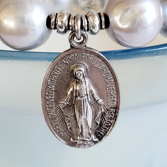 Silver Freshwater Pearl 11mm Beaded Bracelet w/ Miraculous Medal of Mary in Sterling Silver