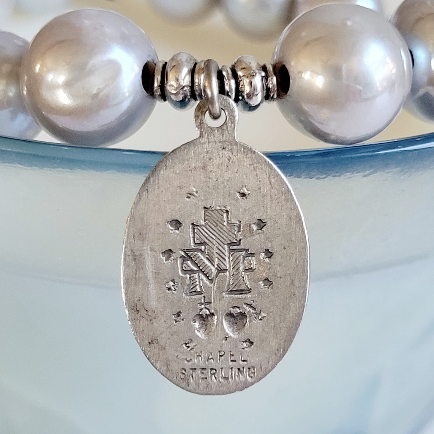 Silver Freshwater Pearl 11mm Beaded Bracelet w/ Miraculous Medal of Mary in Sterling Silver