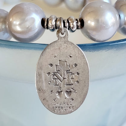 Silver Freshwater Pearl 11mm Beaded Bracelet w/ Miraculous Medal of Mary in Sterling Silver