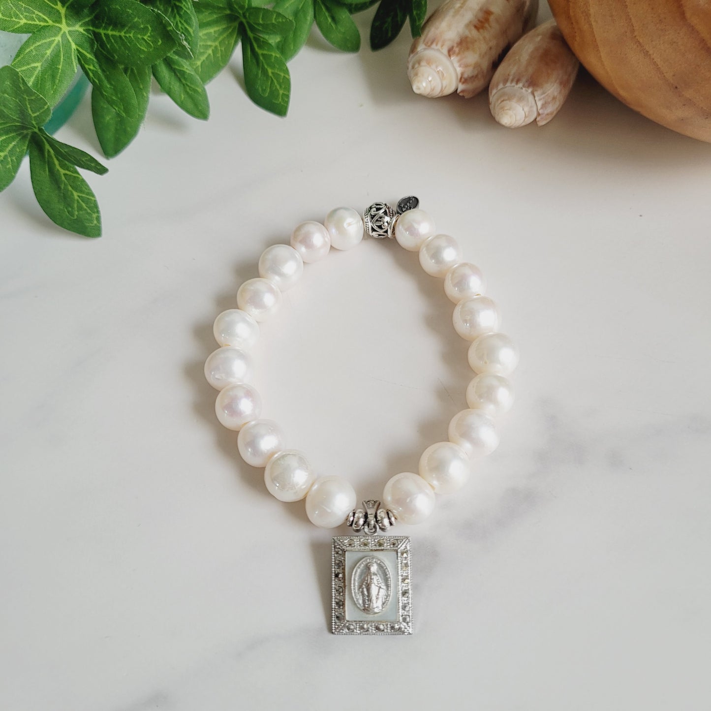 White Freshwater Pearl 10mm Beaded Bracelet w/ Miraculous Mary Marcasite Sterling Silver Medal