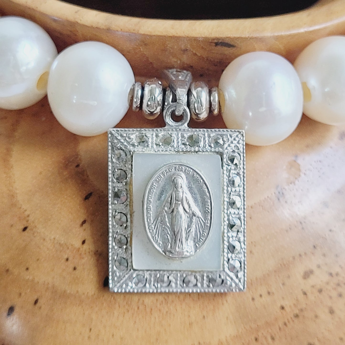 White Freshwater Pearl 10mm Beaded Bracelet w/ Miraculous Mary Marcasite Sterling Silver Medal