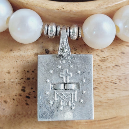 White Freshwater Pearl 10mm Beaded Bracelet w/ Miraculous Mary Marcasite Sterling Silver Medal