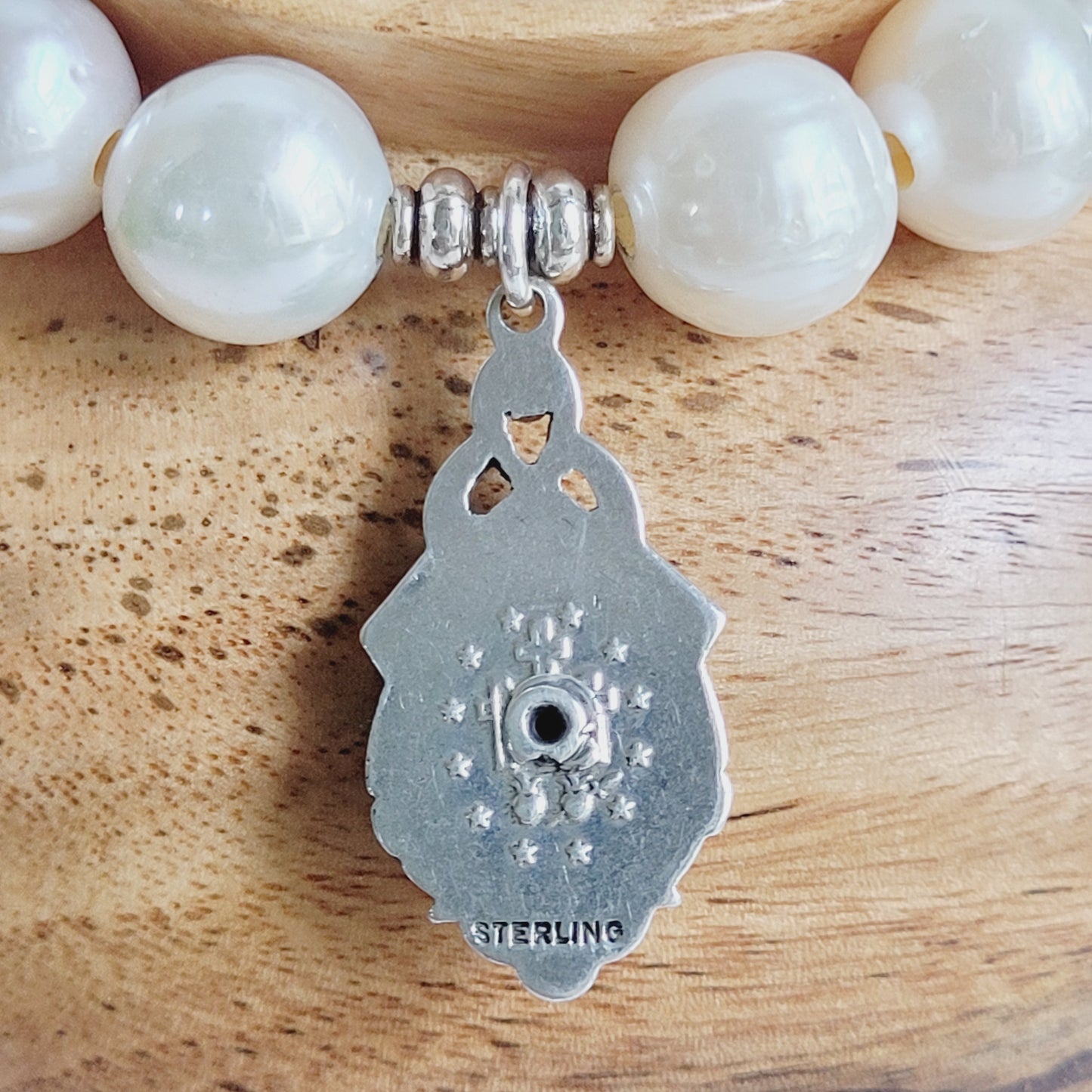 White Freshwater Pearl 10mm Beaded Bracelet w/ Miraculous Medal of Mary Sterling Silver Layered Medal