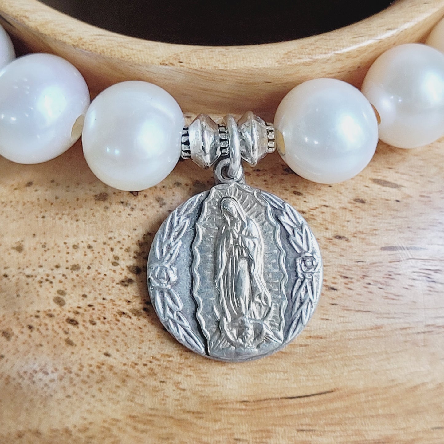 White Freshwater Pearl 10mm Beaded Bracelet w/ Our Lady of Guadalupe Vintage Sterling Silver Medal