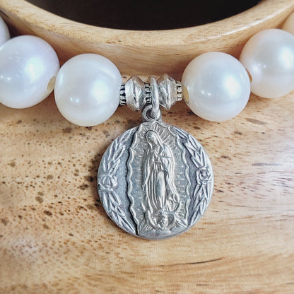 White Freshwater Pearl 10mm Beaded Bracelet w/ Our Lady of Guadalupe Vintage Sterling Silver Medal