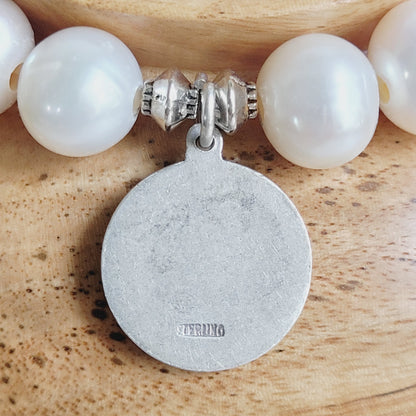 White Freshwater Pearl 10mm Beaded Bracelet w/ Our Lady of Guadalupe Vintage Sterling Silver Medal