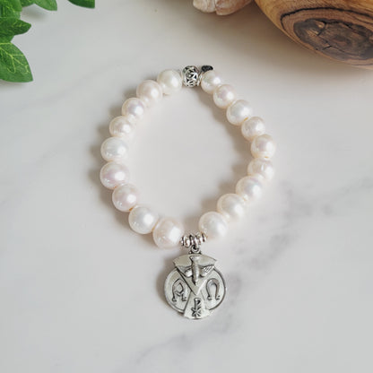 White Freshwater Pearl 10mm Beaded Bracelet w/ The Holy Spirit Signed Sterling Silver Medal