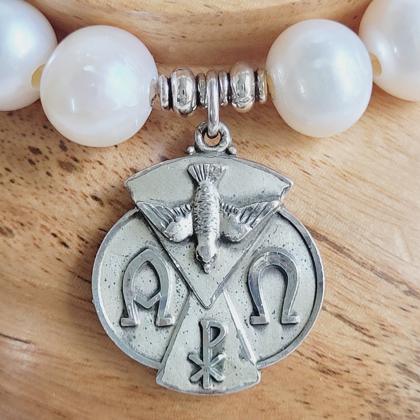 White Freshwater Pearl 10mm Beaded Bracelet w/ The Holy Spirit Signed Sterling Silver Medal