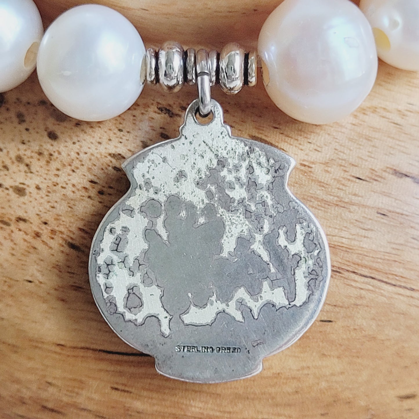 White Freshwater Pearl 10mm Beaded Bracelet w/ The Holy Spirit Signed Sterling Silver Medal