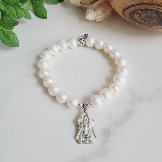 White Freshwater Pearl 10mm Beaded Bracelet w/ Miraculous Medal of Mary Signed Sterling Silver Art Nouveau Medal