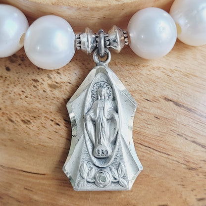 White Freshwater Pearl 10mm Beaded Bracelet w/ Miraculous Medal of Mary Signed Sterling Silver Art Nouveau Medal