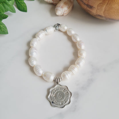 White Freshwater Pearl 10mm Beaded Bracelet w/ Academy of Our Lady of Peace Sterling Silver Medal