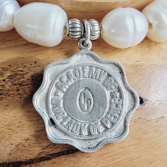 White Freshwater Pearl 10mm Beaded Bracelet w/ Academy of Our Lady of Peace Sterling Silver Medal