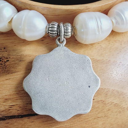 White Freshwater Pearl 10mm Beaded Bracelet w/ Academy of Our Lady of Peace Sterling Silver Medal