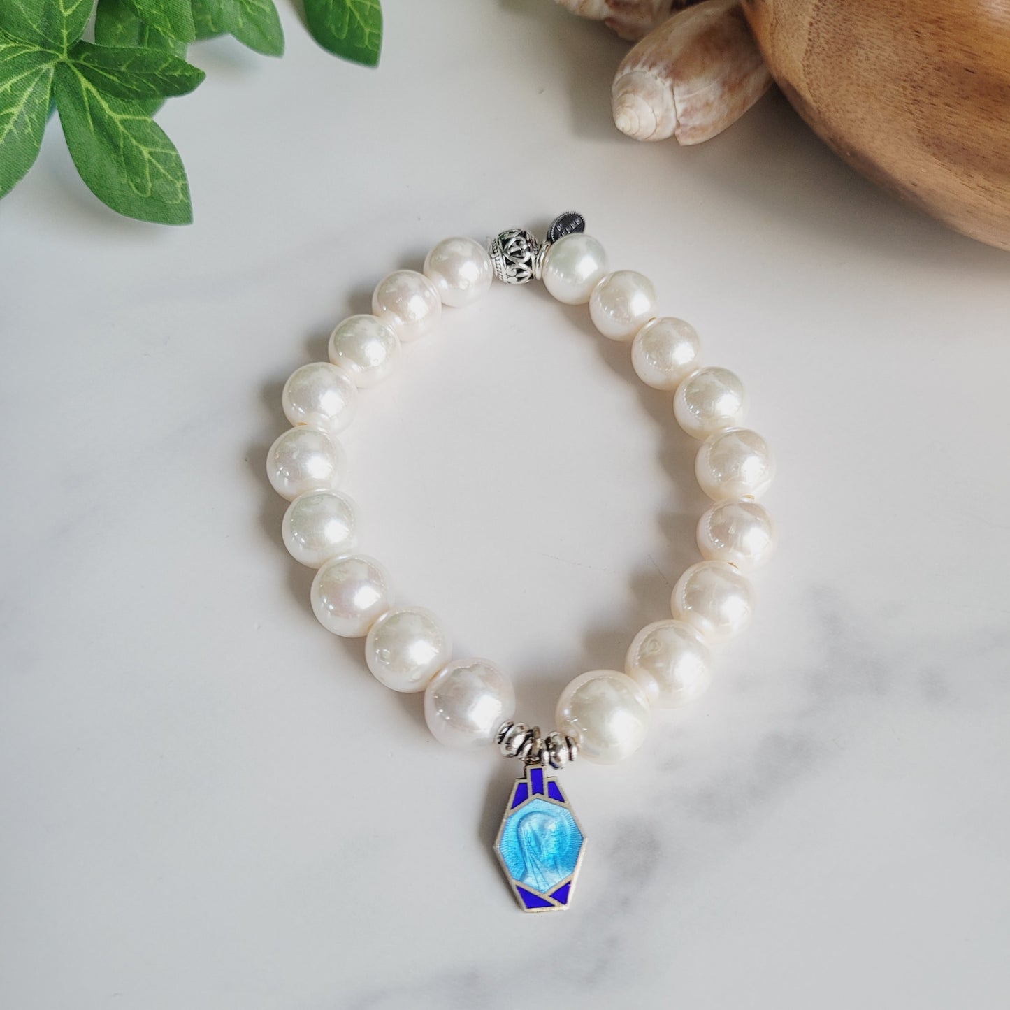 White Freshwater Pearl 10mm Beaded Bracelet w/ Vintage Art Deco Blue Enameled Medal of Our Lady of Lourdes