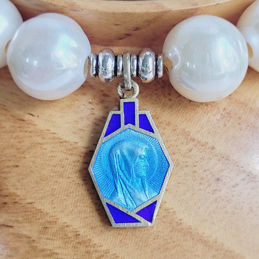 White Freshwater Pearl 10mm Beaded Bracelet w/ Vintage Art Deco Blue Enameled Medal of Our Lady of Lourdes