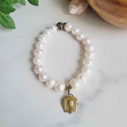 White Freshwater Pearl 10mm Beaded Bracelet w/ Gold Plate Medal of The Virgin Mary from France