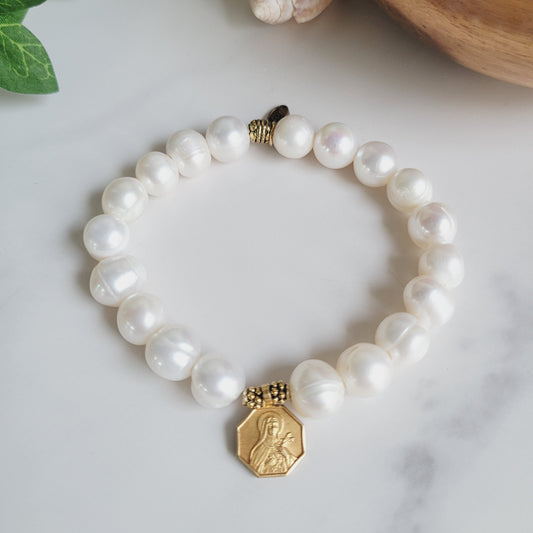 White Freshwater Pearl 10mm Beaded Bracelet w/ Gold Plated Octagonal Medal of St. Therese of Lisieux from France