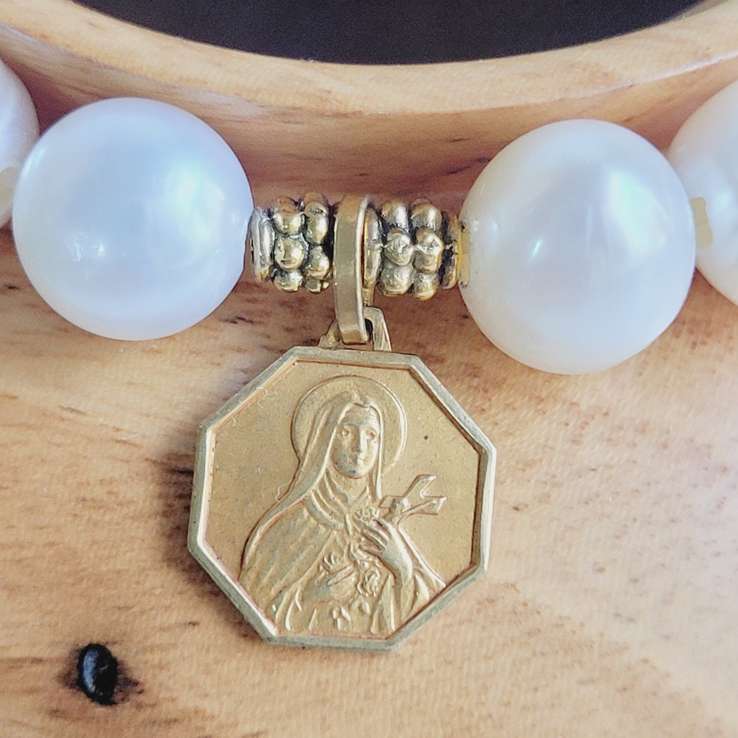 White Freshwater Pearl 10mm Beaded Bracelet w/ Gold Plated Octagonal Medal of St. Therese of Lisieux from France