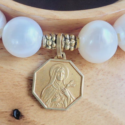 White Freshwater Pearl 10mm Beaded Bracelet w/ Gold Plated Octagonal Medal of St. Therese of Lisieux from France