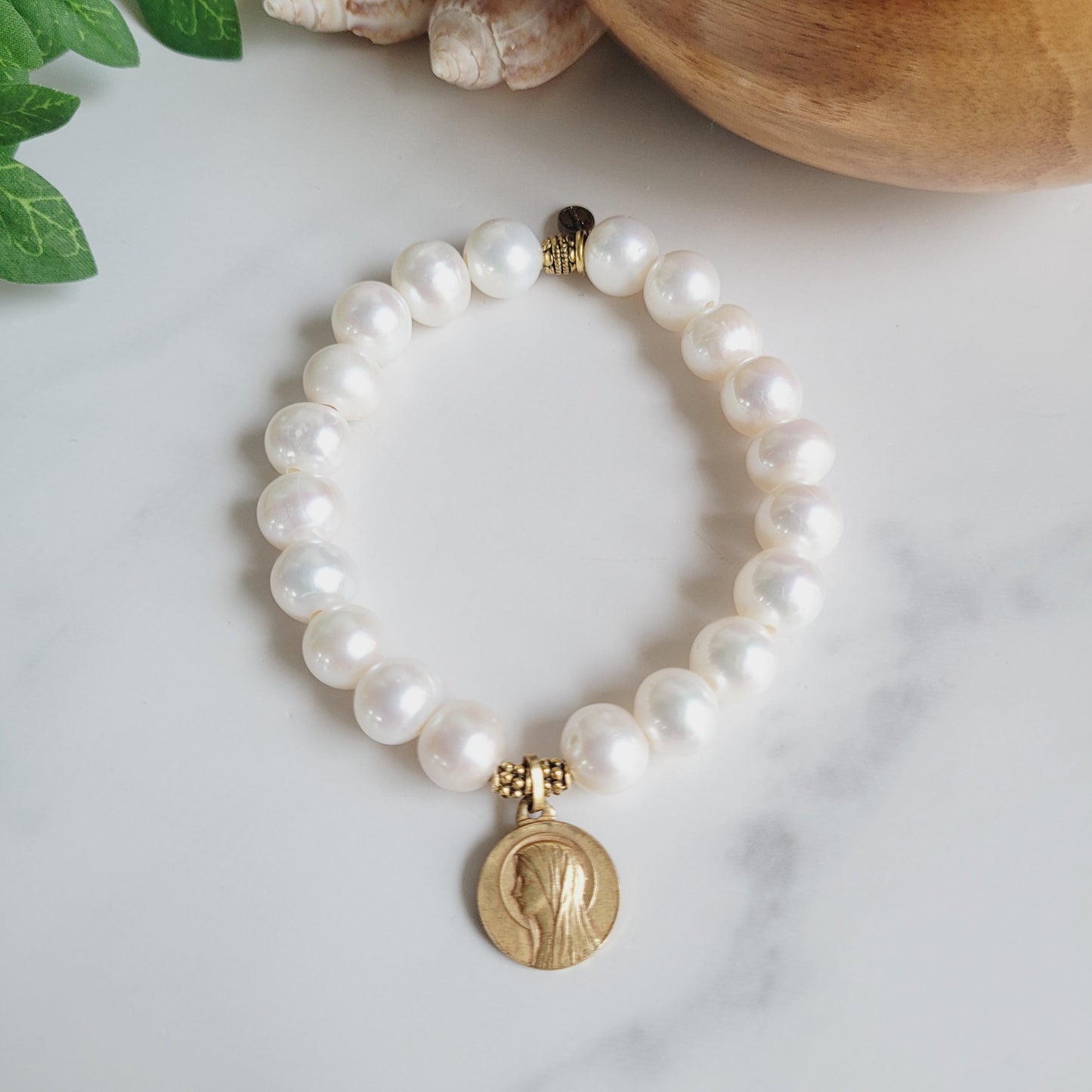 White Freshwater Pearl 10mm Beaded Bracelet w/ Gold Plated Medal of The Virgin Mary from France