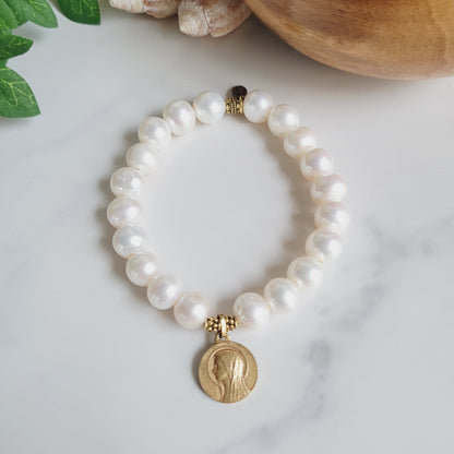 White Freshwater Pearl 10mm Beaded Bracelet w/ Gold Plated Medal of The Virgin Mary from France