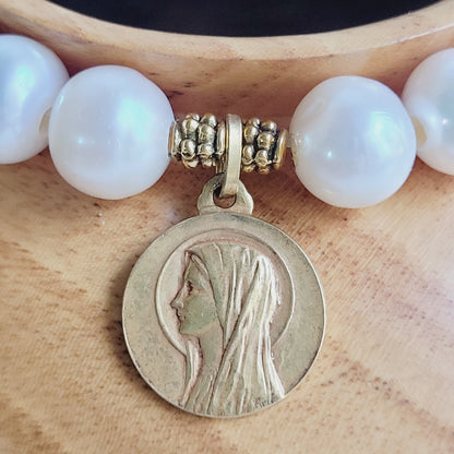 White Freshwater Pearl 10mm Beaded Bracelet w/ Gold Plated Medal of The Virgin Mary from France