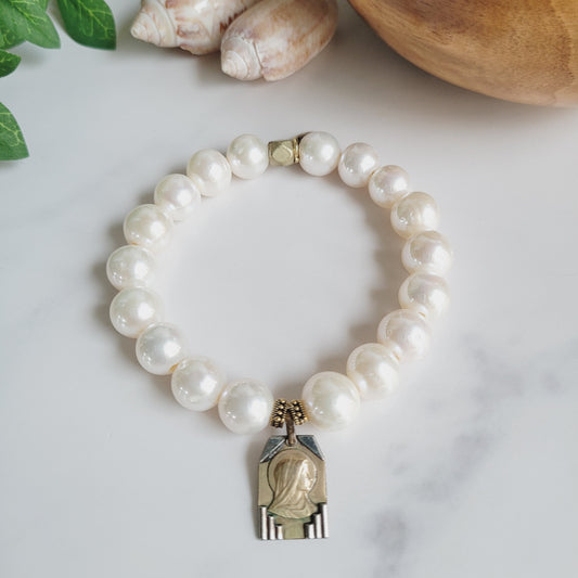 White Freshwater Pearl 10mm Beaded Bracelet w/ Signed Silver and Gold Plate Art Deco Medal of The Virgin Mary