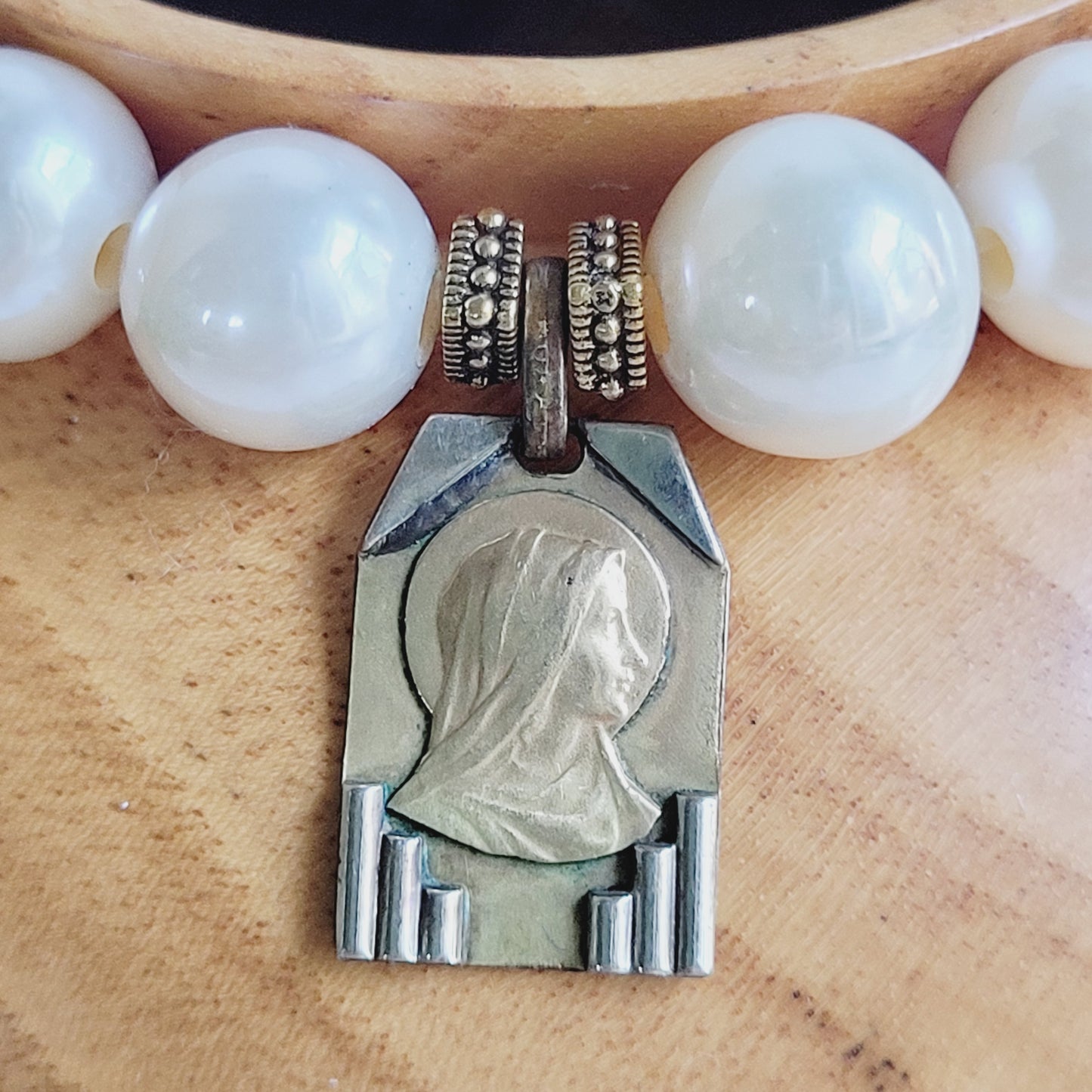 White Freshwater Pearl 10mm Beaded Bracelet w/ Signed Silver and Gold Plate Art Deco Medal of The Virgin Mary