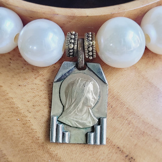 White Freshwater Pearl 10mm Beaded Bracelet w/ Signed Silver and Gold Plate Art Deco Medal of The Virgin Mary