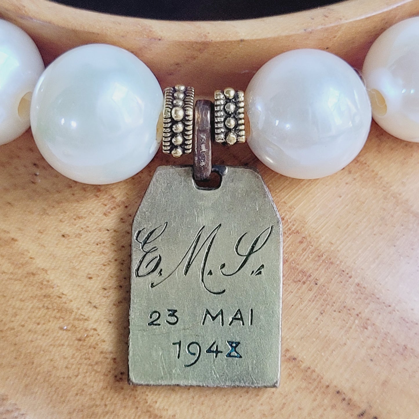 White Freshwater Pearl 10mm Beaded Bracelet w/ Signed Silver and Gold Plate Art Deco Medal of The Virgin Mary