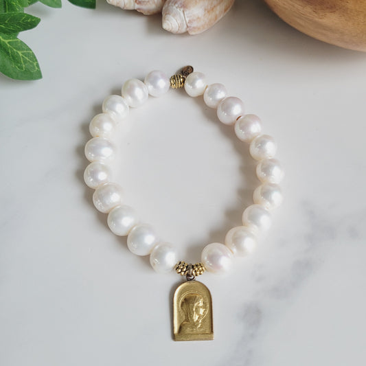 White Freshwater Pearl 10mm Beaded Bracelet w/ Gold Plated Medal of The Virgin Mary