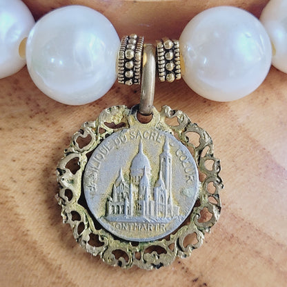 White Freshwater Pearl 10mm Beaded Bracelet w/ Signed Gold Plated Medal of The Sacred Heart of Jesus