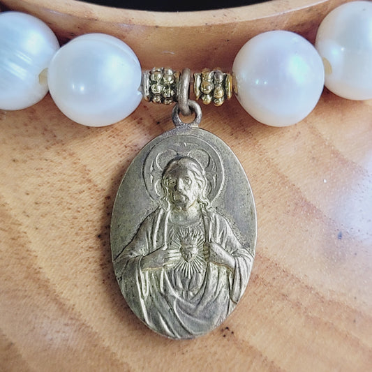 White Freshwater Pearl 10mm Beaded Bracelet w/ Gold Plated Oval Medal of The Sacred Heart of Jesus