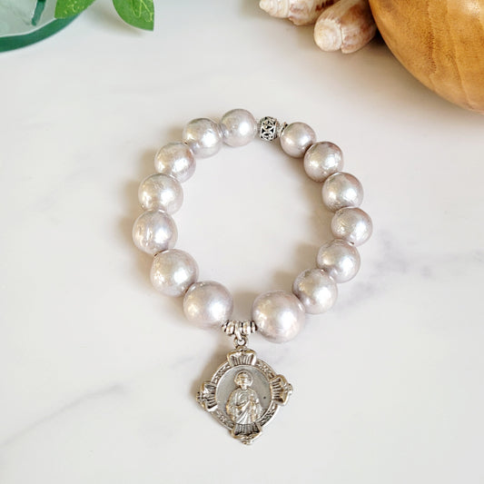 Freshwater Pearls Grey 14mm Beaded Bracelet w/ Diamond Shape Silver Plated Medal of St. Jude Thaddeus