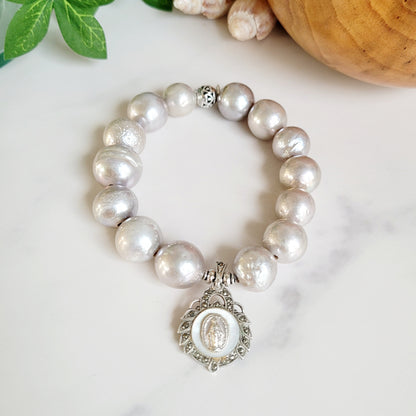 Freshwater Pearls Grey 14mm Beaded Bracelet w/ Signed Sterling Silver Layered Miraculous Medal of Mary