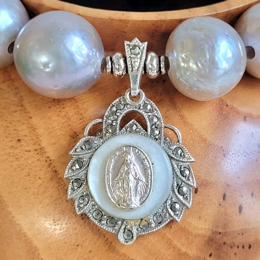 Freshwater Pearls Grey 14mm Beaded Bracelet w/ Signed Sterling Silver Layered Miraculous Medal of Mary