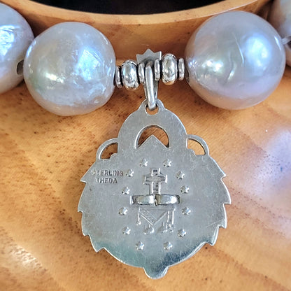 Freshwater Pearls Grey 14mm Beaded Bracelet w/ Signed Sterling Silver Layered Miraculous Medal of Mary