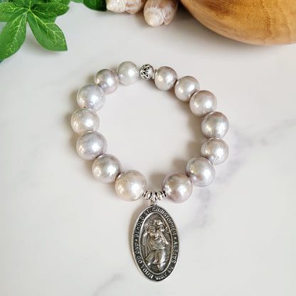 Freshwater Pearls Grey 14mm Beaded Bracelet w/ Large Oval Sterling Silver Medal of St. Christopher