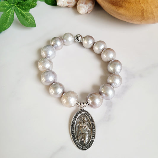 Freshwater Pearls Grey 14mm Beaded Bracelet w/ Large Oval Sterling Silver Medal of St. Christopher