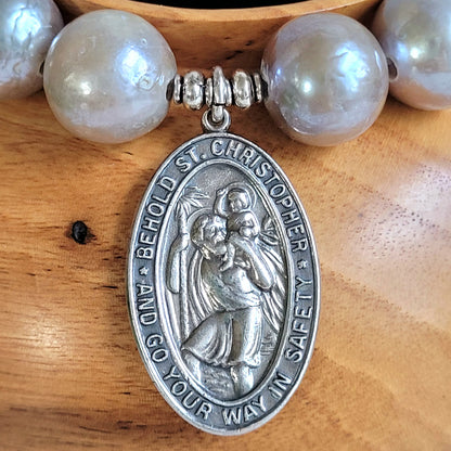 Freshwater Pearls Grey 14mm Beaded Bracelet w/ Large Oval Sterling Silver Medal of St. Christopher
